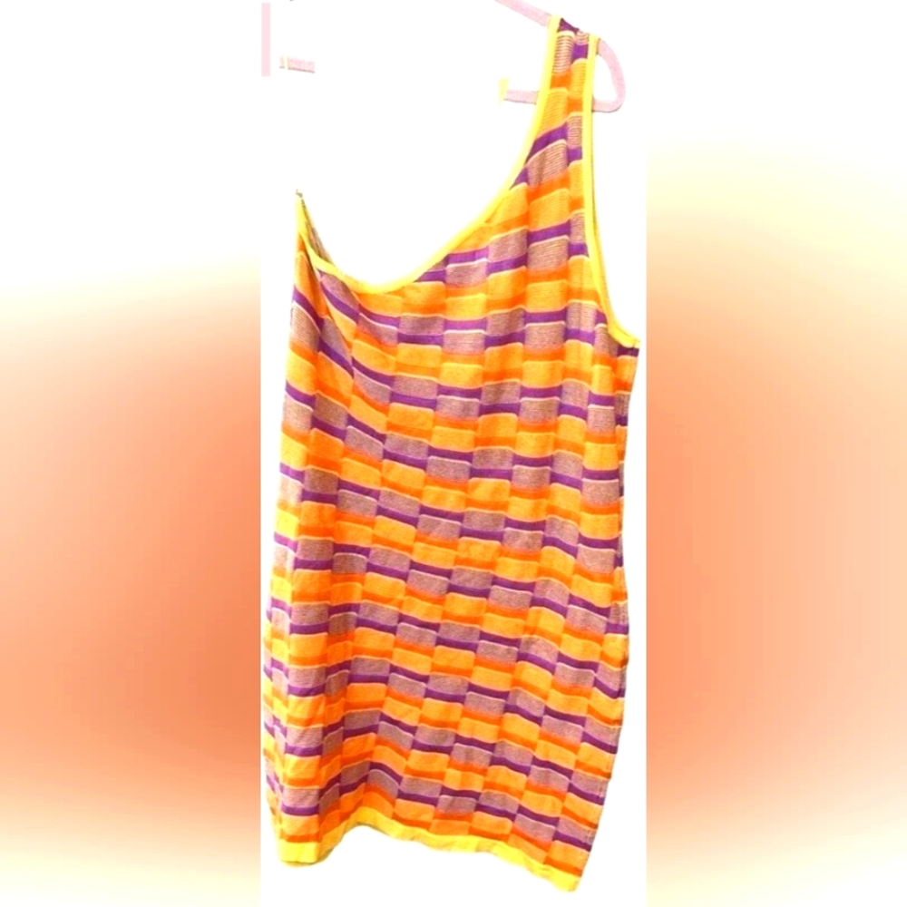 Cotton:On orange, purple, and yellow one shoulder knit mini dress.